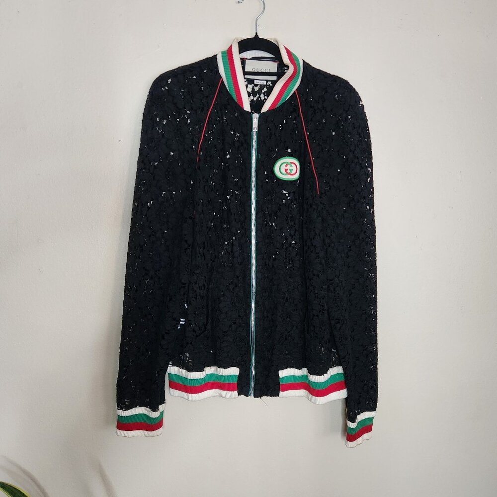 Gucci Black Lace Bomber Jacket – Web Trim – Women’s XL (Runs Small)